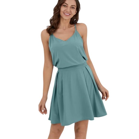 HALARA Breezy Fit & Flare Racerback Turquoise Slip Dress Size Small Long NWT - Picture 1 of 12
